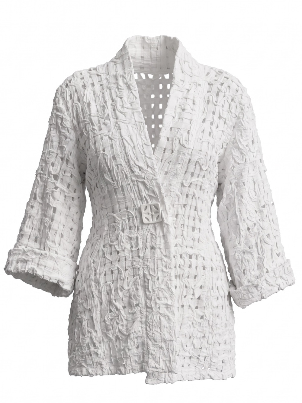 Women’s White Open-Weave Button Front Top